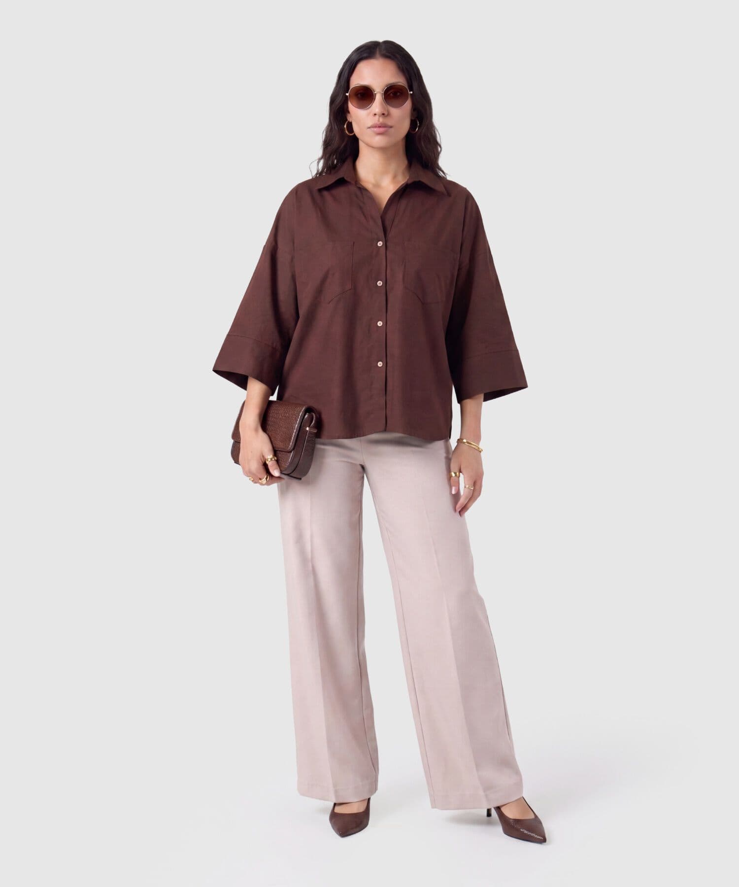 Camisa Dorada Relajado café para mujer, vista 2